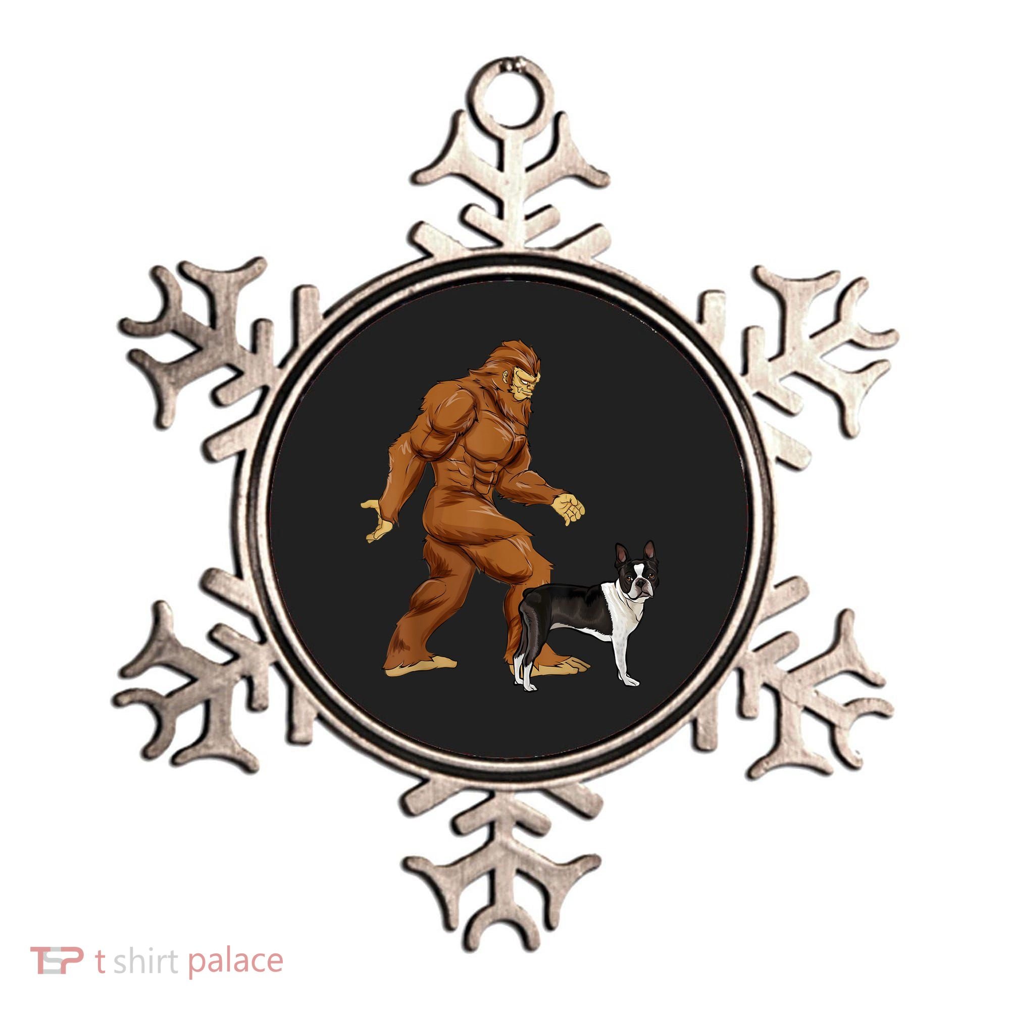 Funny Bigfoot Walking Boston Terrier Sasquatch Dog Ornament