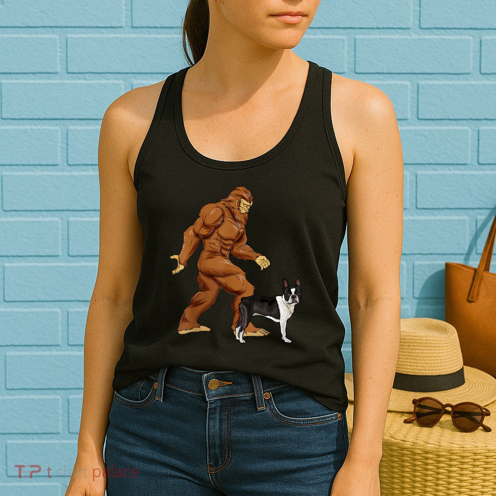 Funny Bigfoot Walking Boston Terrier Sasquatch Dog Women's Tank Top