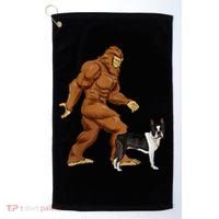 Funny Bigfoot Walking Boston Terrier Sasquatch Dog Golf Towel thumb 0