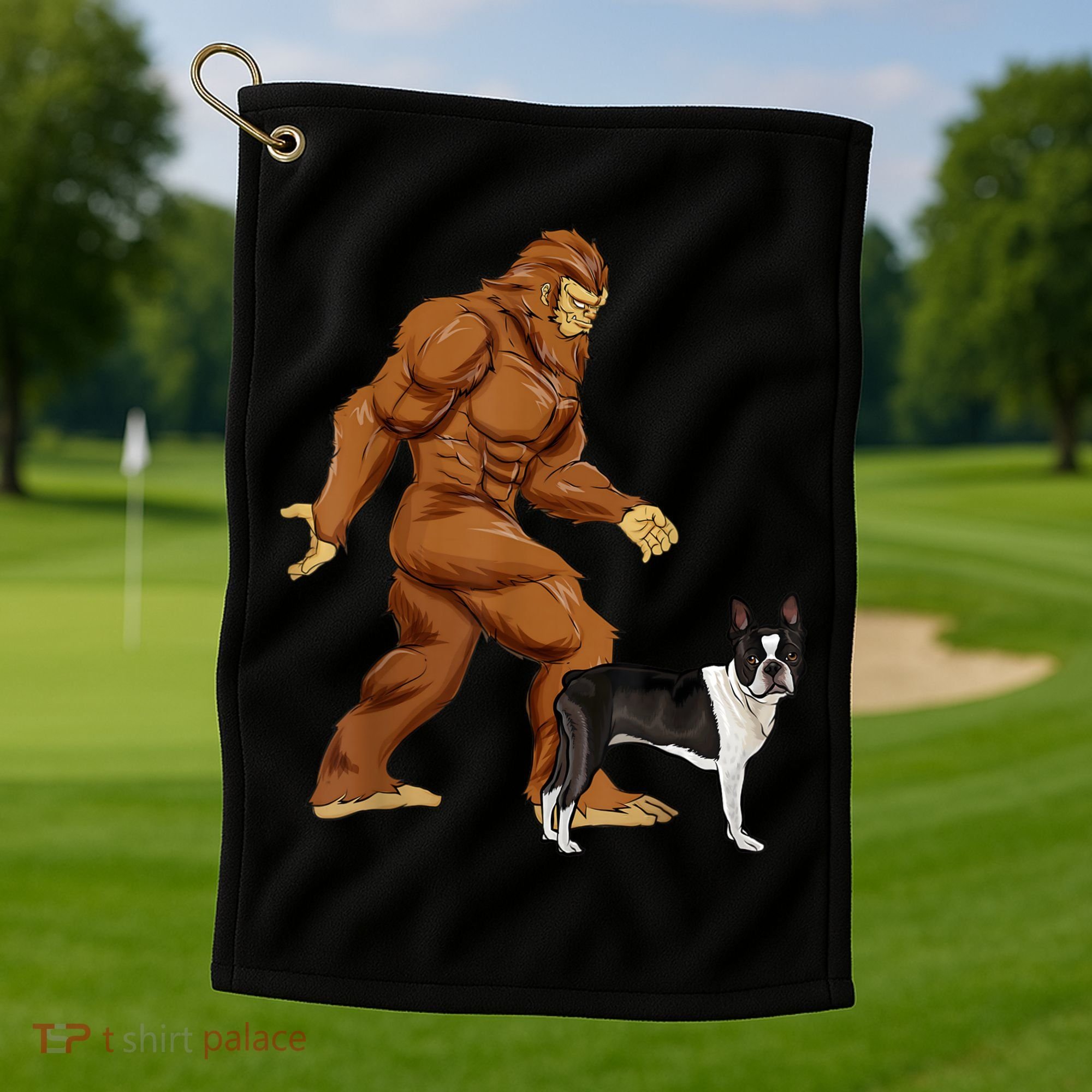 Funny Bigfoot Walking Boston Terrier Sasquatch Dog Golf Towel