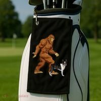 Funny Bigfoot Walking Boston Terrier Sasquatch Dog Golf Towel thumb 2
