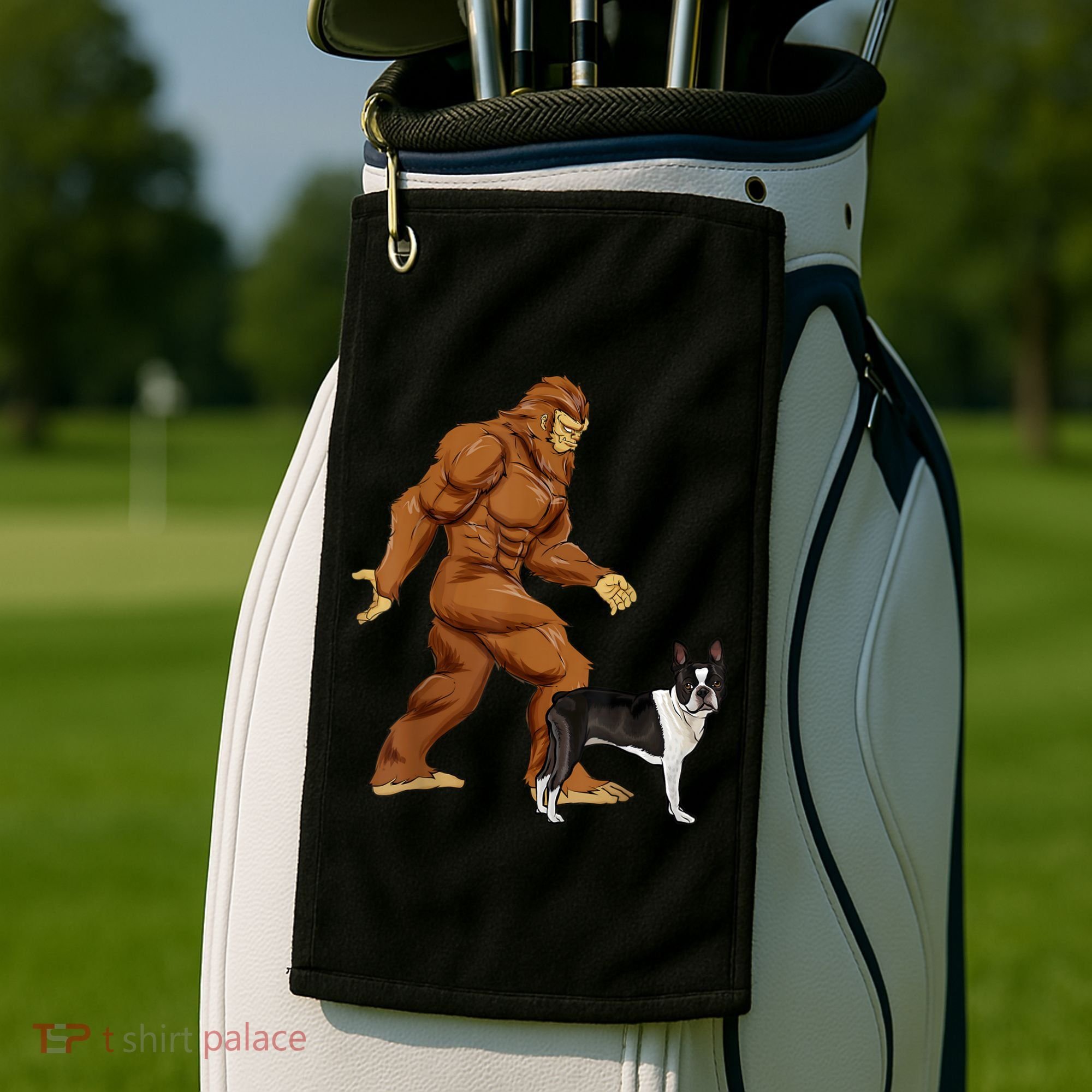 Funny Bigfoot Walking Boston Terrier Sasquatch Dog Golf Towel