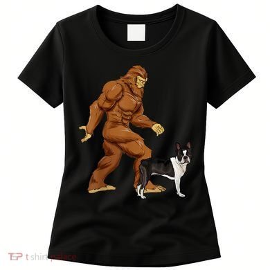 Funny Bigfoot Walking Boston Terrier Sasquatch Dog Women's T-Shirt