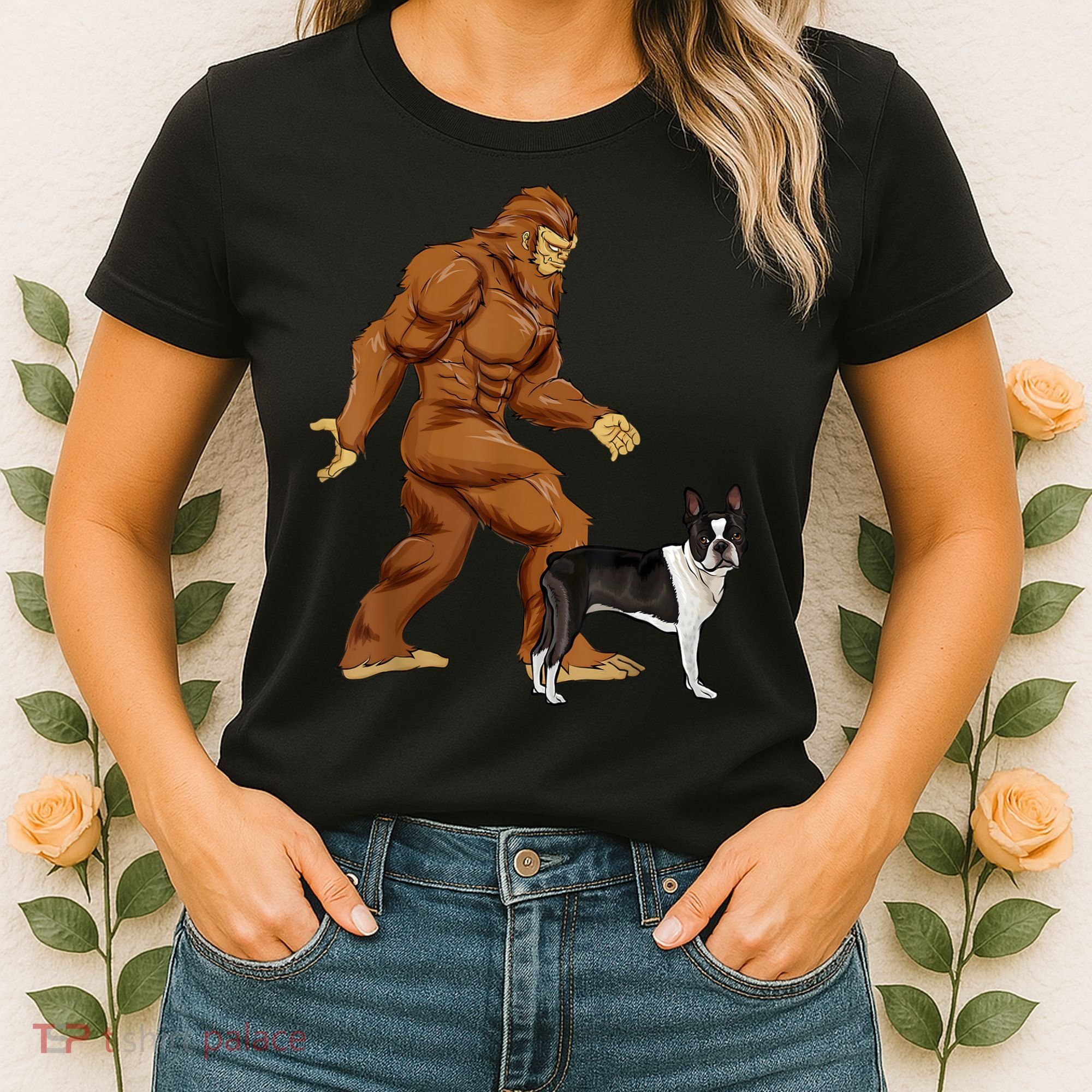 Funny Bigfoot Walking Boston Terrier Sasquatch Dog Women's T-Shirt