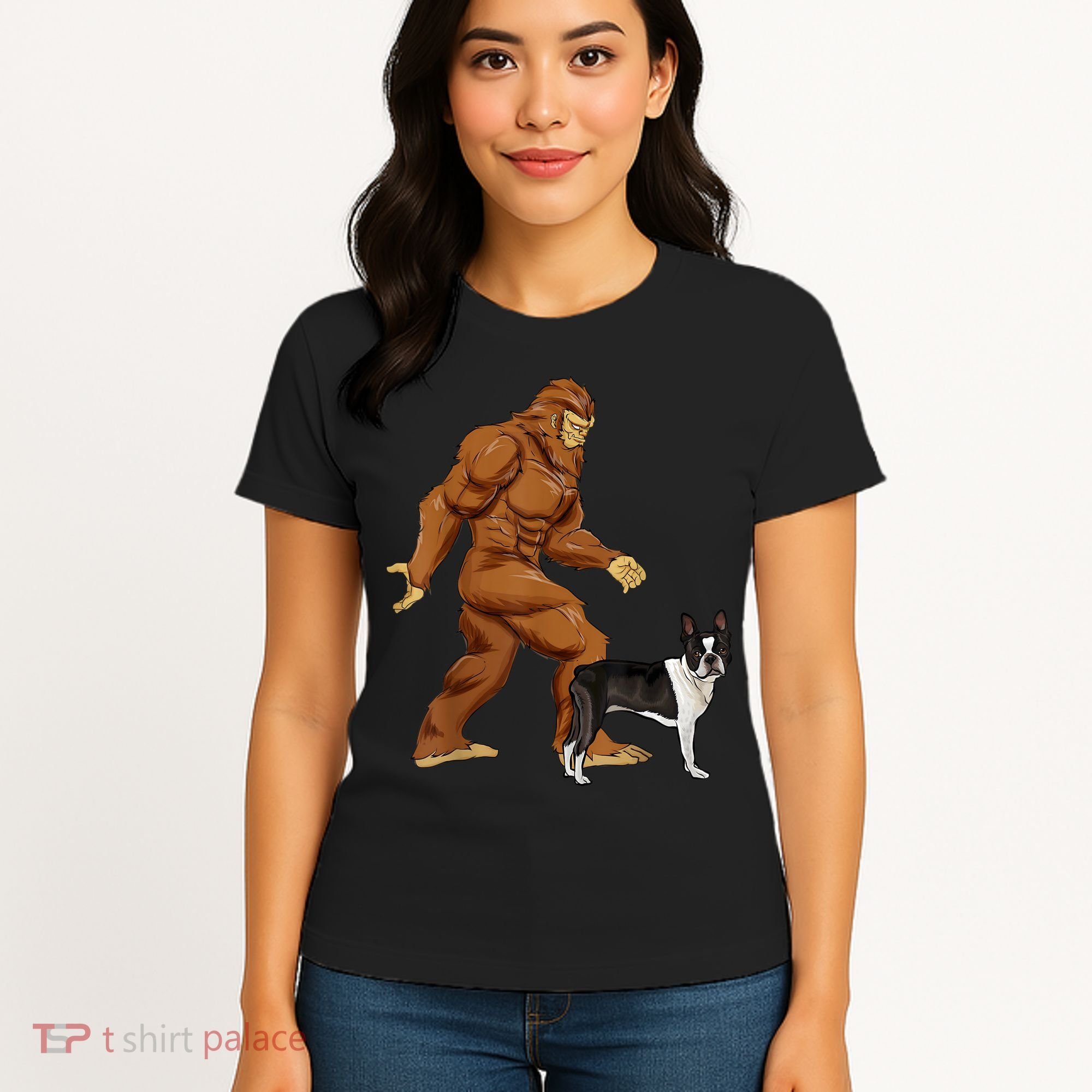 Funny Bigfoot Walking Boston Terrier Sasquatch Dog Women's T-Shirt