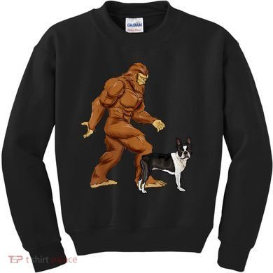 Funny Bigfoot Walking Boston Terrier Sasquatch Dog Kids Sweatshirt