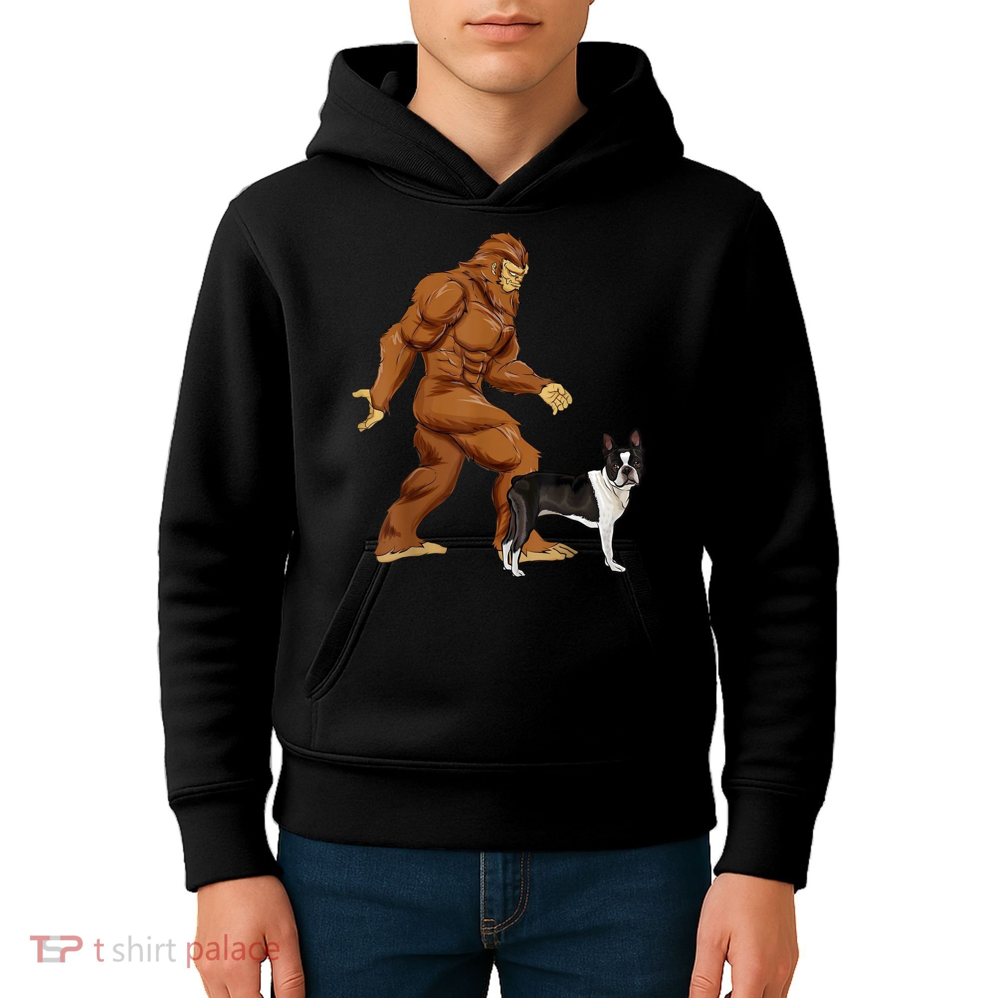 Funny Bigfoot Walking Boston Terrier Sasquatch Dog Kids Hoodie