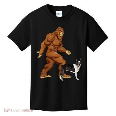 Funny Bigfoot Walking Boston Terrier Sasquatch Dog Kids T-Shirt