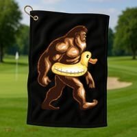 Funny Bigfoot Wearing Duck Floater Golf Towel thumb 1