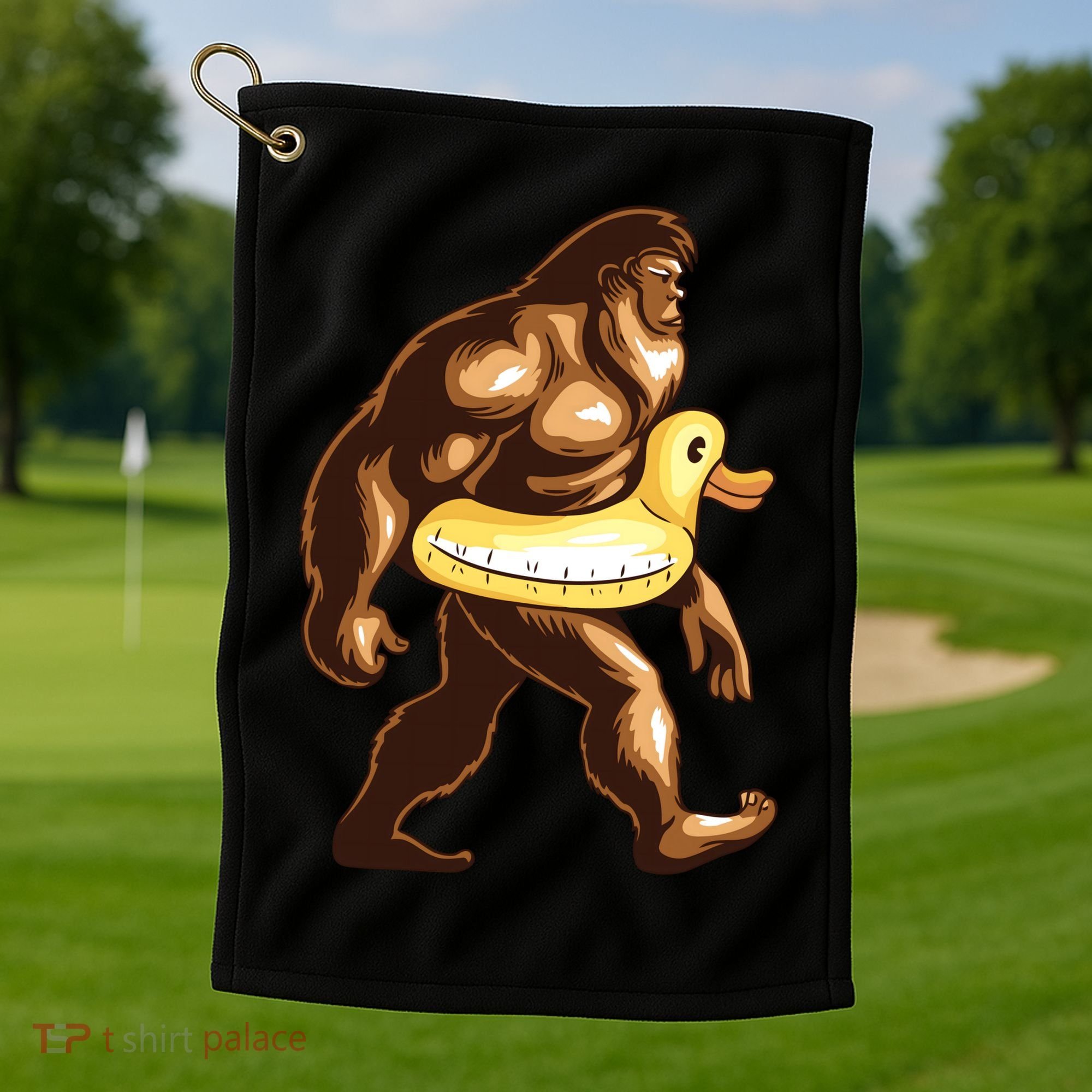 Funny Bigfoot Wearing Duck Floater Golf Towel