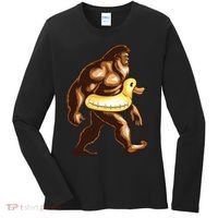 Funny Bigfoot Wearing Duck Floater Women's Long Sleeve Shirt thumb 0