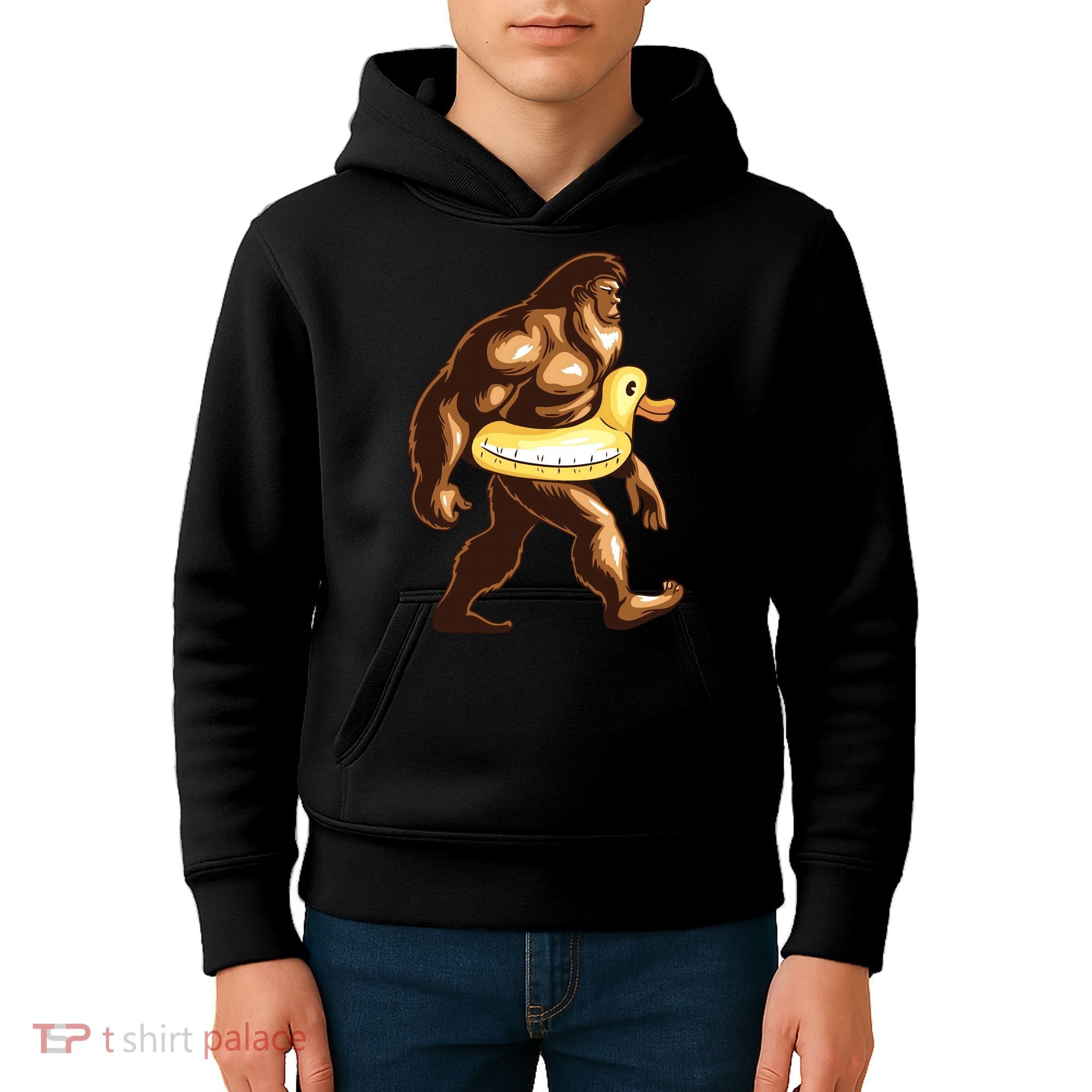 Funny Bigfoot Wearing Duck Floater Kids Hoodie