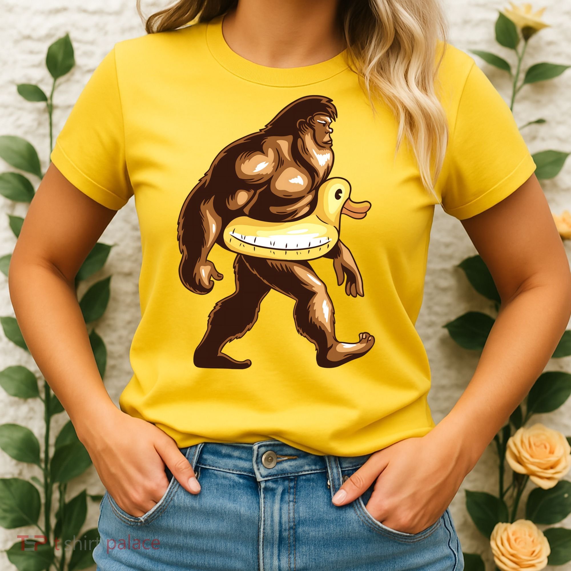 Funny Bigfoot Wearing Duck Floater Women's T-Shirt