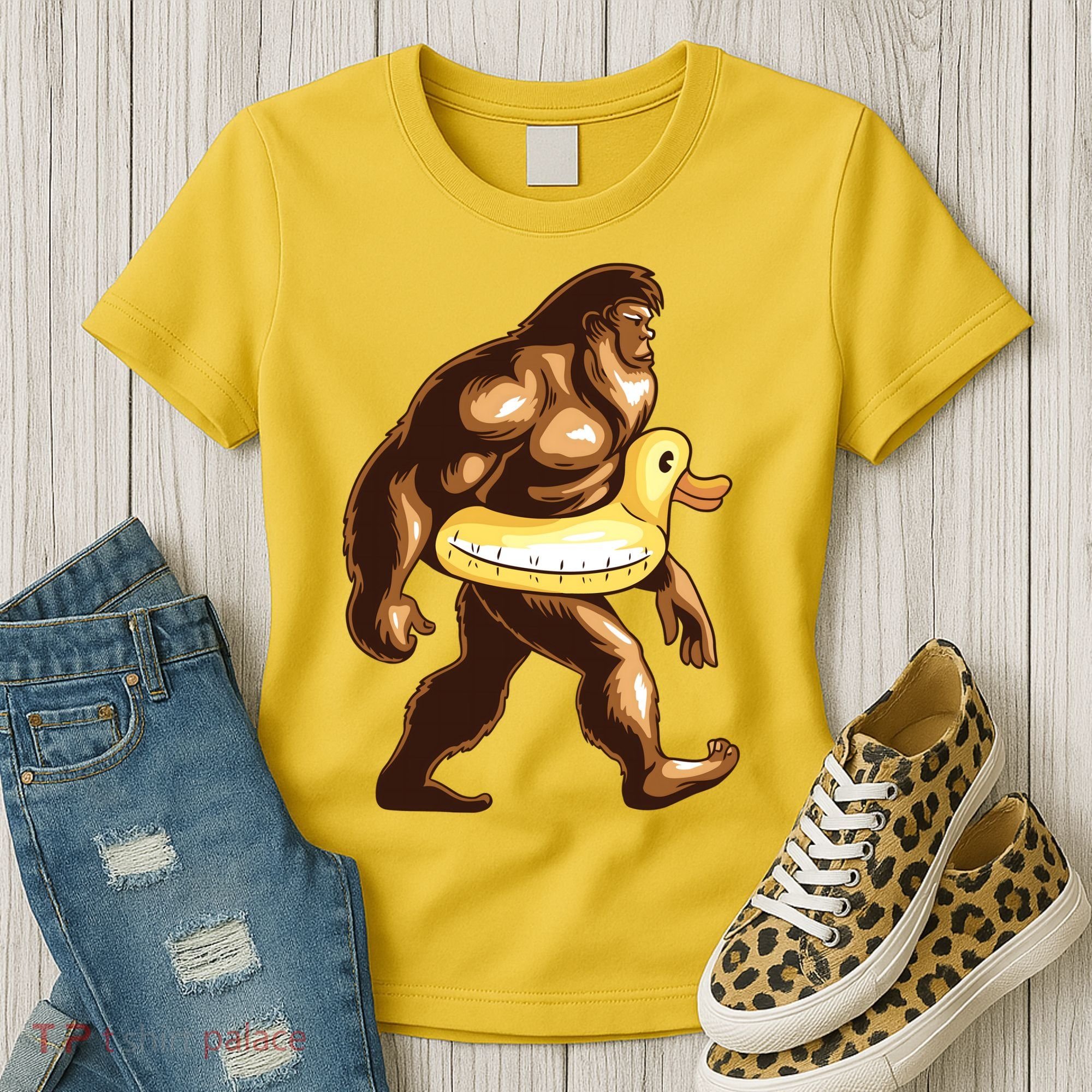 Funny Bigfoot Wearing Duck Floater Women's T-Shirt