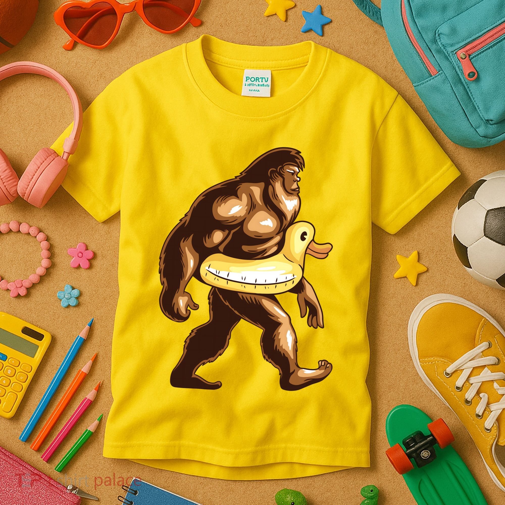 Funny Bigfoot Wearing Duck Floater Kids T-Shirt