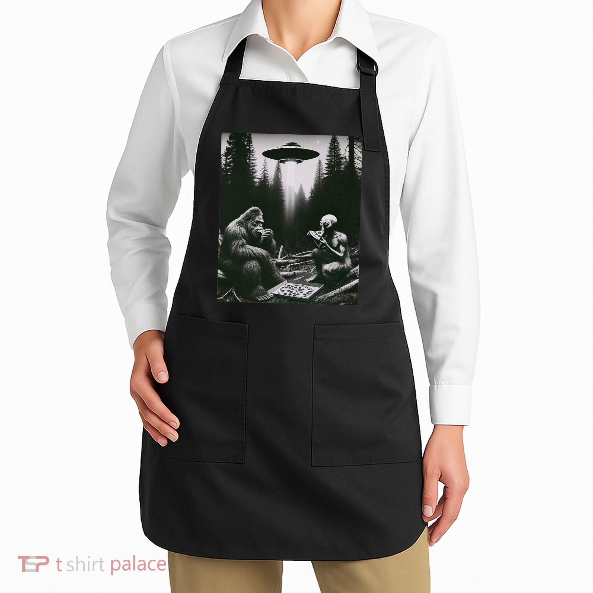 Funny Bigfoot With Alien Eating Pizza. Bigfoot And Alien Ufo Apron