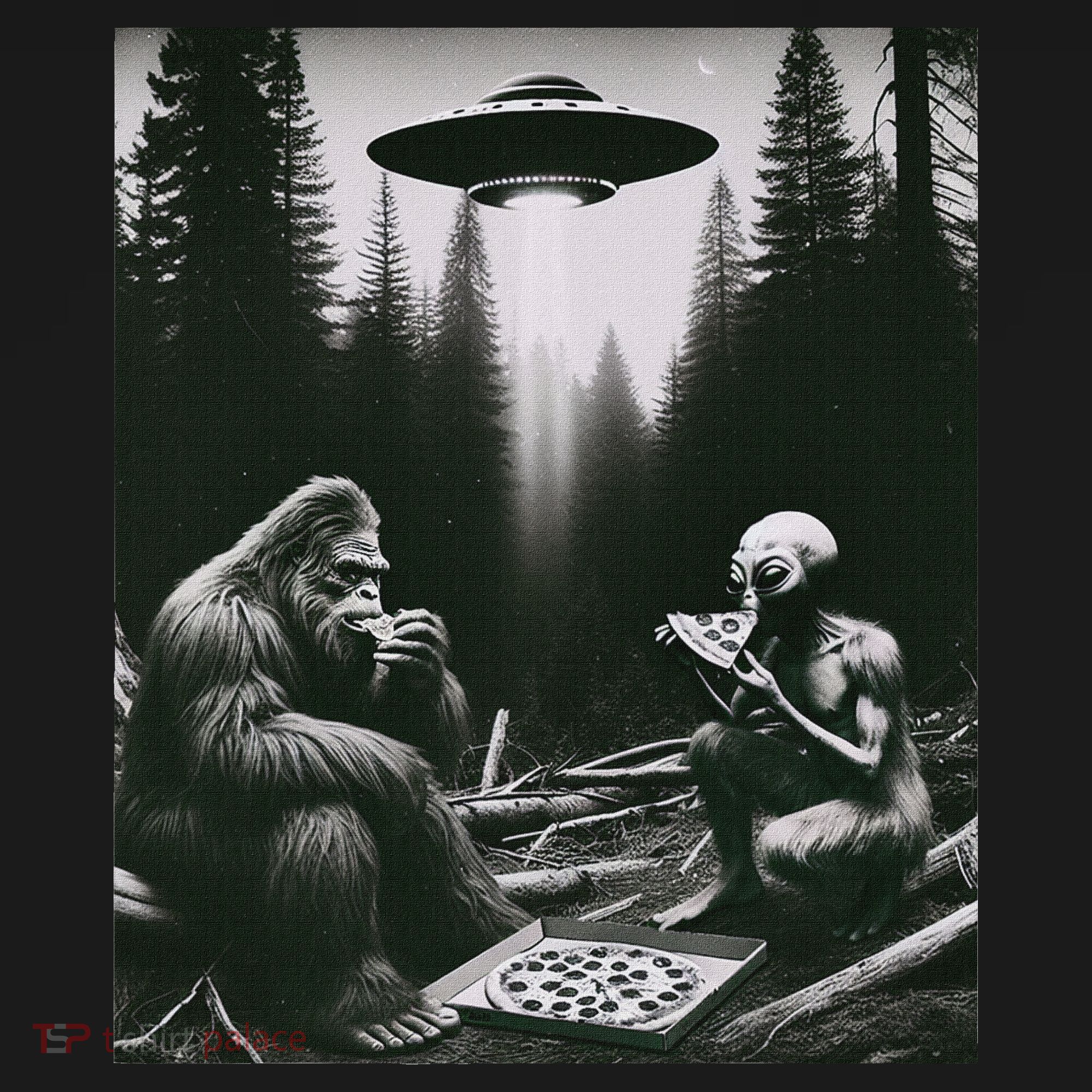 Funny Bigfoot With Alien Eating Pizza. Bigfoot And Alien Ufo T-Shirt