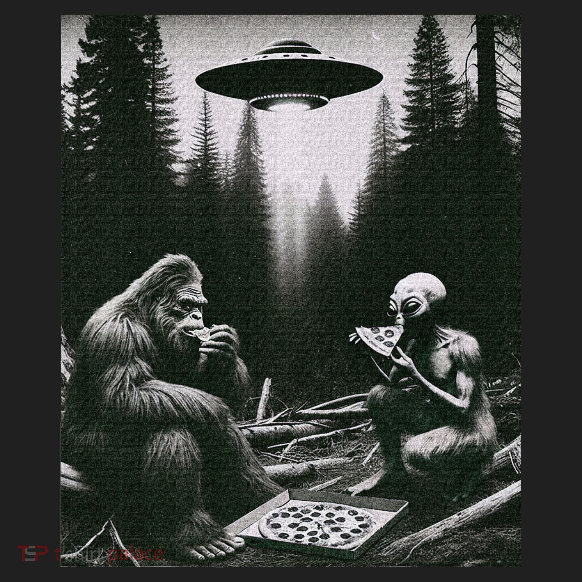 Funny Bigfoot With Alien Eating Pizza. Bigfoot And Alien Ufo Beanie
