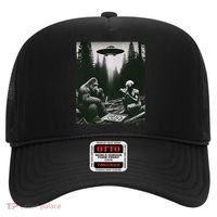 Funny Bigfoot With Alien Eating Pizza. Bigfoot And Alien Ufo Hat thumb 0
