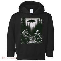Funny Bigfoot With Alien Eating Pizza. Bigfoot And Alien Ufo Toddler Hoodie thumb 0