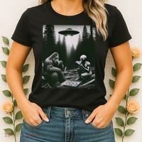 Funny Bigfoot With Alien Eating Pizza. Bigfoot And Alien Ufo Women's T-Shirt thumb 2
