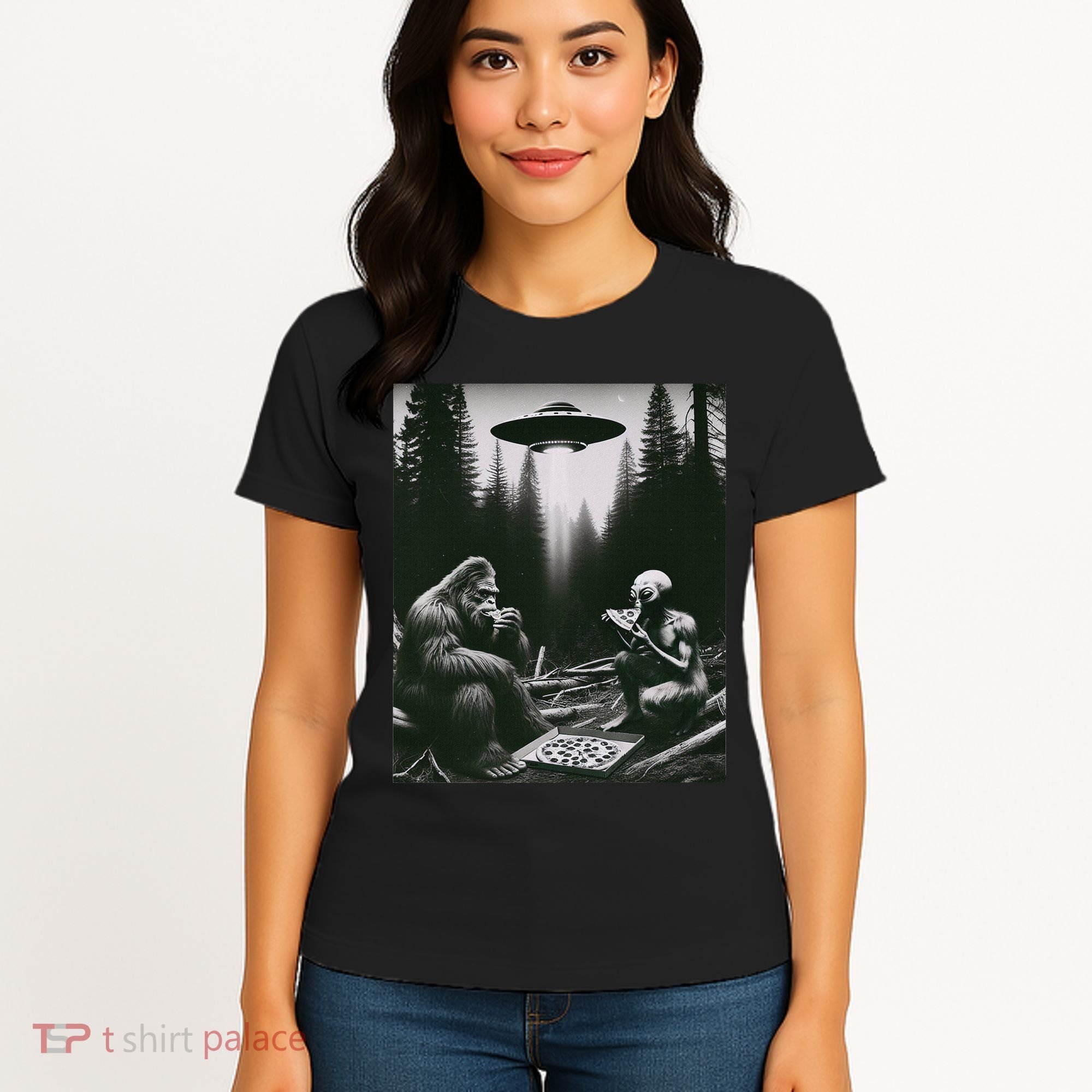 Funny Bigfoot With Alien Eating Pizza. Bigfoot And Alien Ufo Women's T-Shirt
