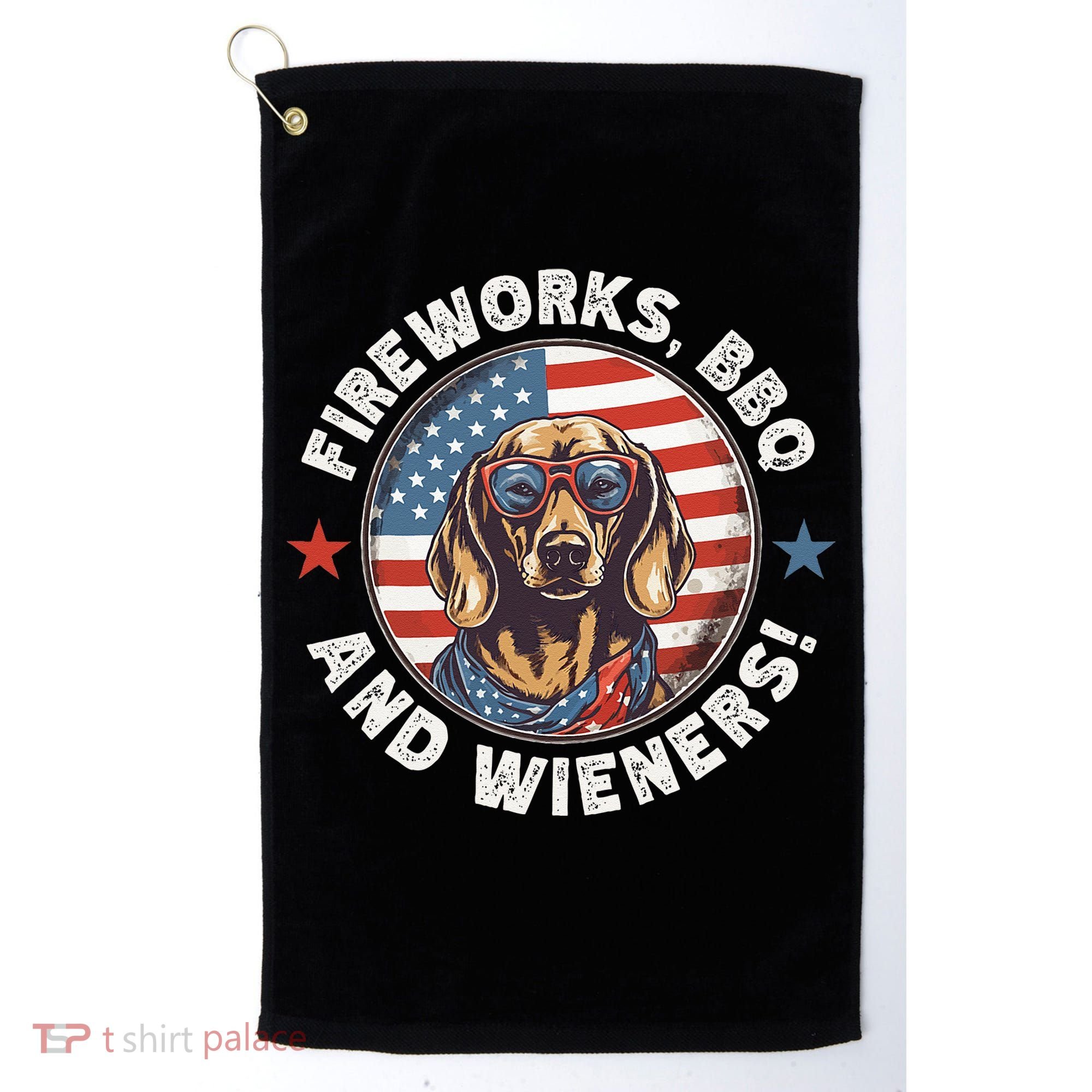 Fireworks BBQ & wieners Funny Weiner Dog July 4th Dachshund Golf Towel