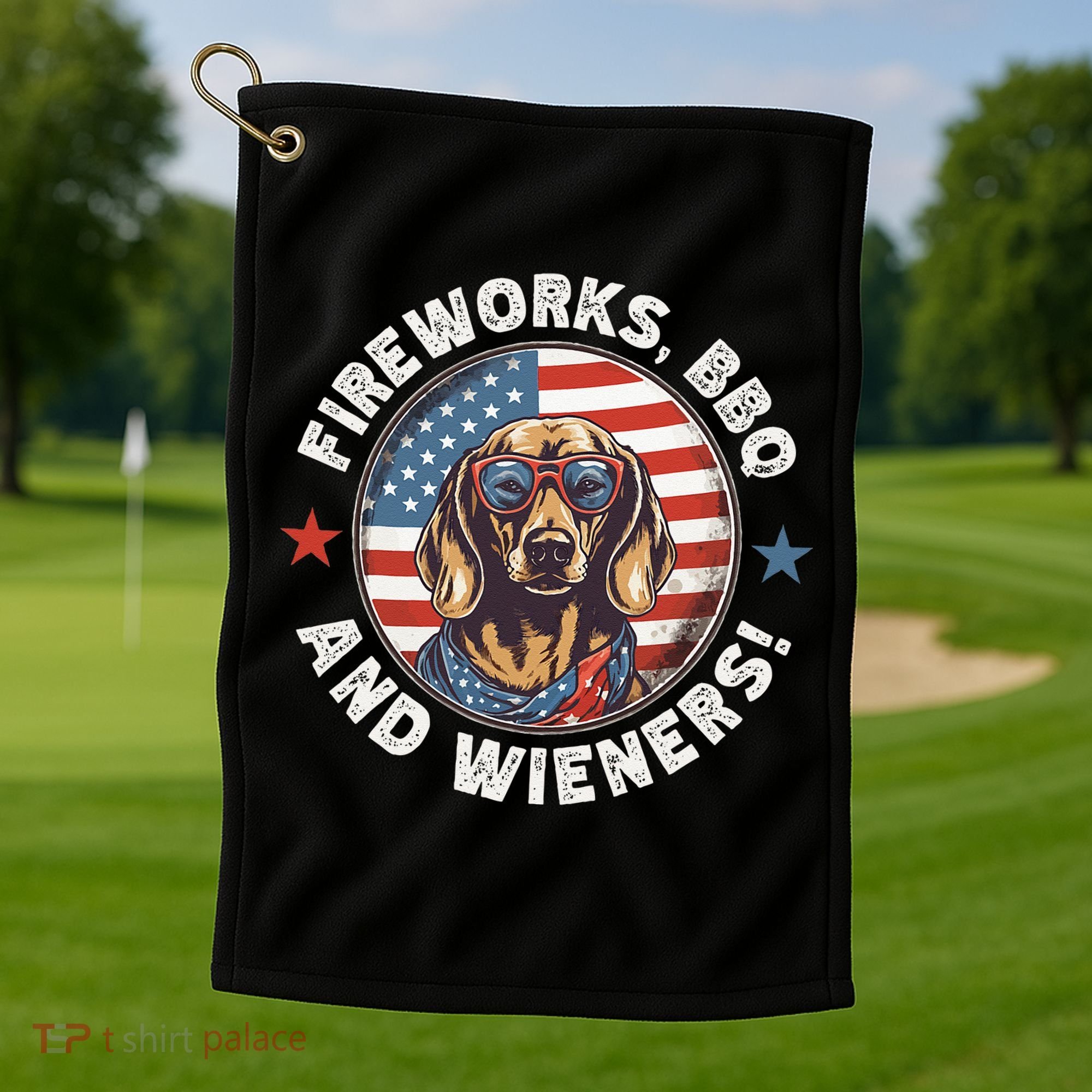 Fireworks BBQ & wieners Funny Weiner Dog July 4th Dachshund Golf Towel