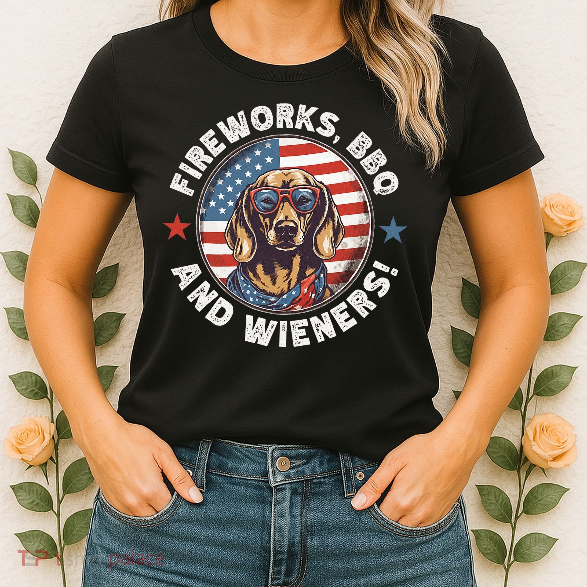 Fireworks BBQ & wieners Funny Weiner Dog July 4th Dachshund Women's T-Shirt