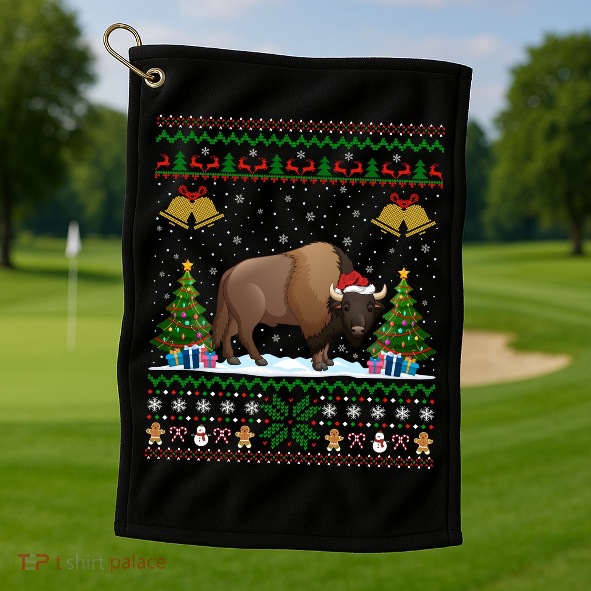 Funny Bison Xmas Gift Santa Hat Ugly Bison Christmas Cute Gift Golf Towel