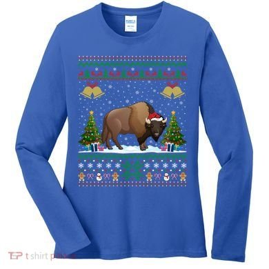 Funny Bison Xmas Gift Santa Hat Ugly Bison Christmas Cute Gift Women's Long Sleeve Shirt