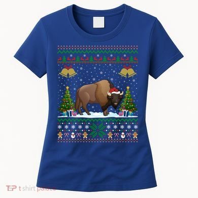 Funny Bison Xmas Gift Santa Hat Ugly Bison Christmas Cute Gift Women's T-Shirt
