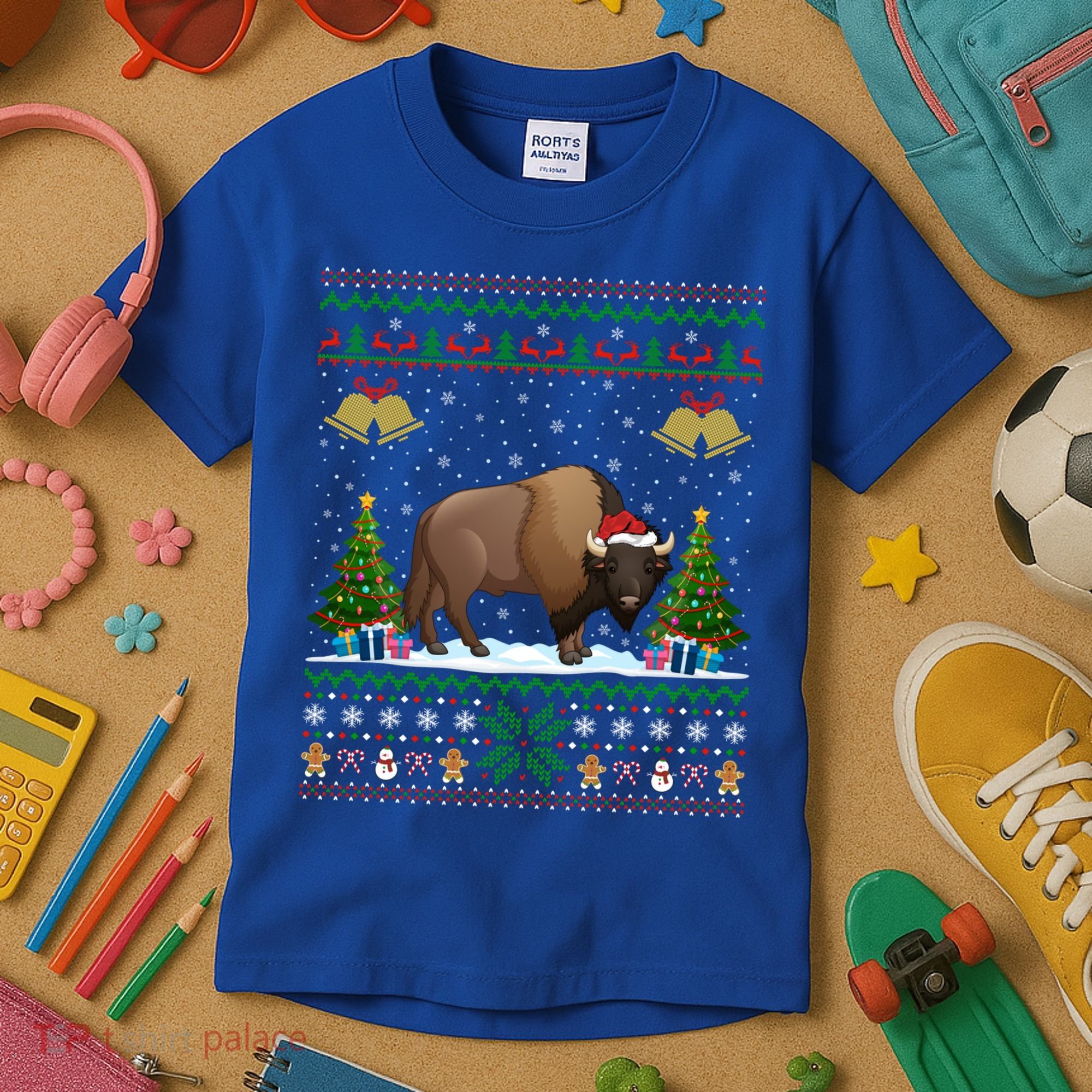 Funny Bison Xmas Gift Santa Hat Ugly Bison Christmas Cute Gift Kids T-Shirt