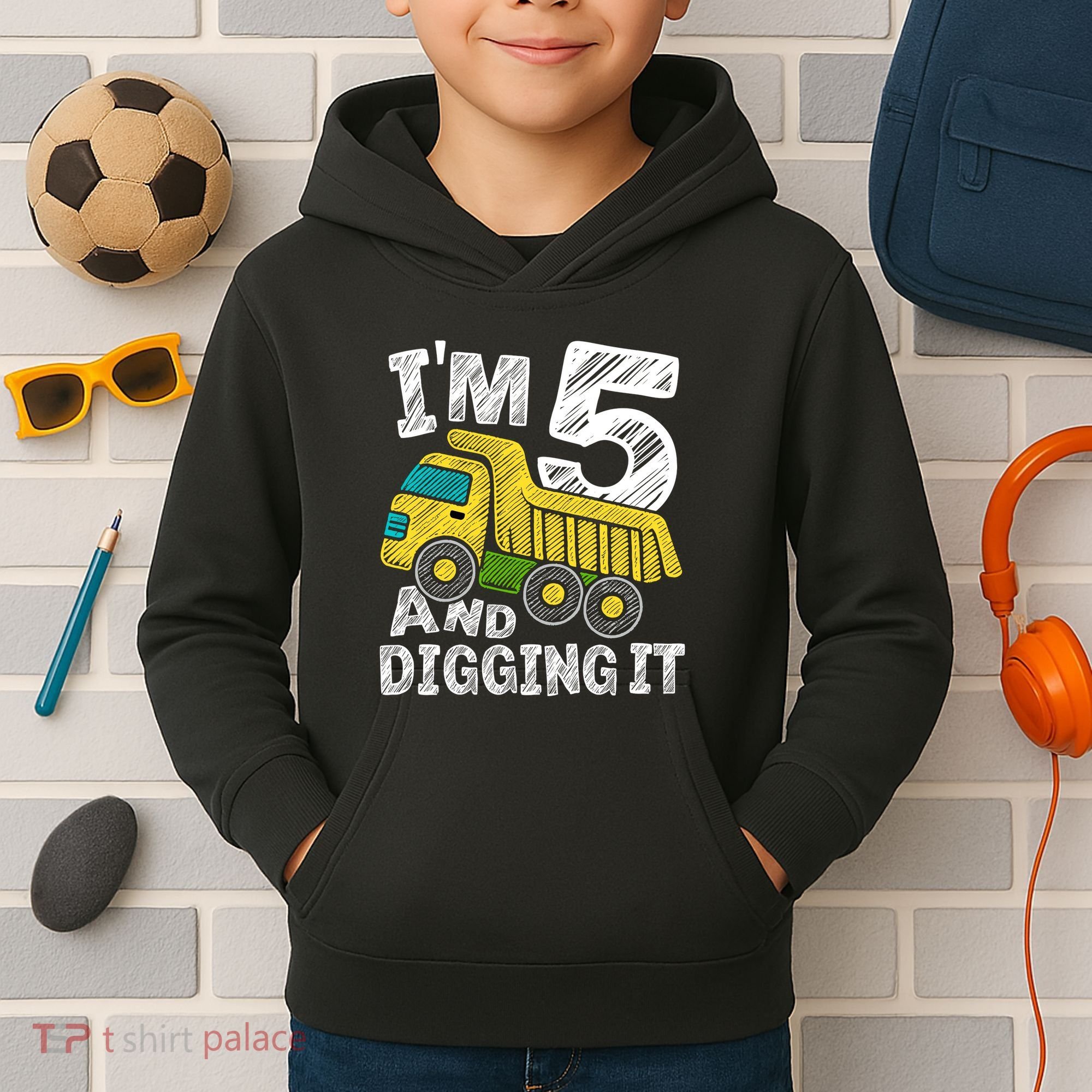 Five Construction 5th Birthday Gifts Fourth Boy 5 Years Old Kids Hoodie