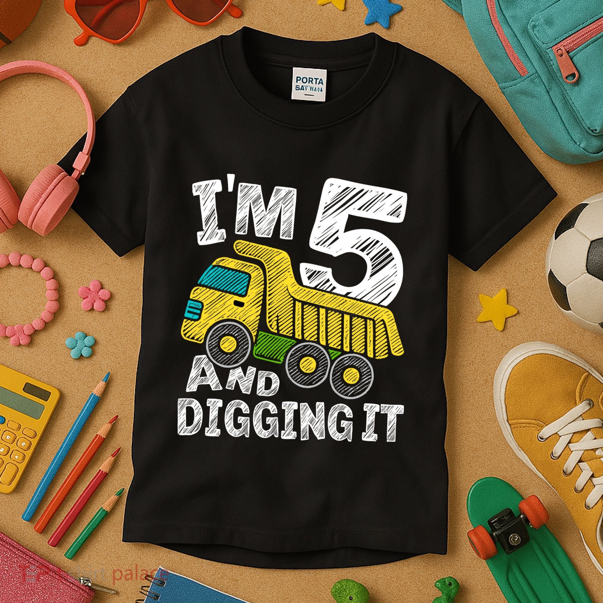 Five Construction 5th Birthday Gifts Fourth Boy 5 Years Old Kids T-Shirt