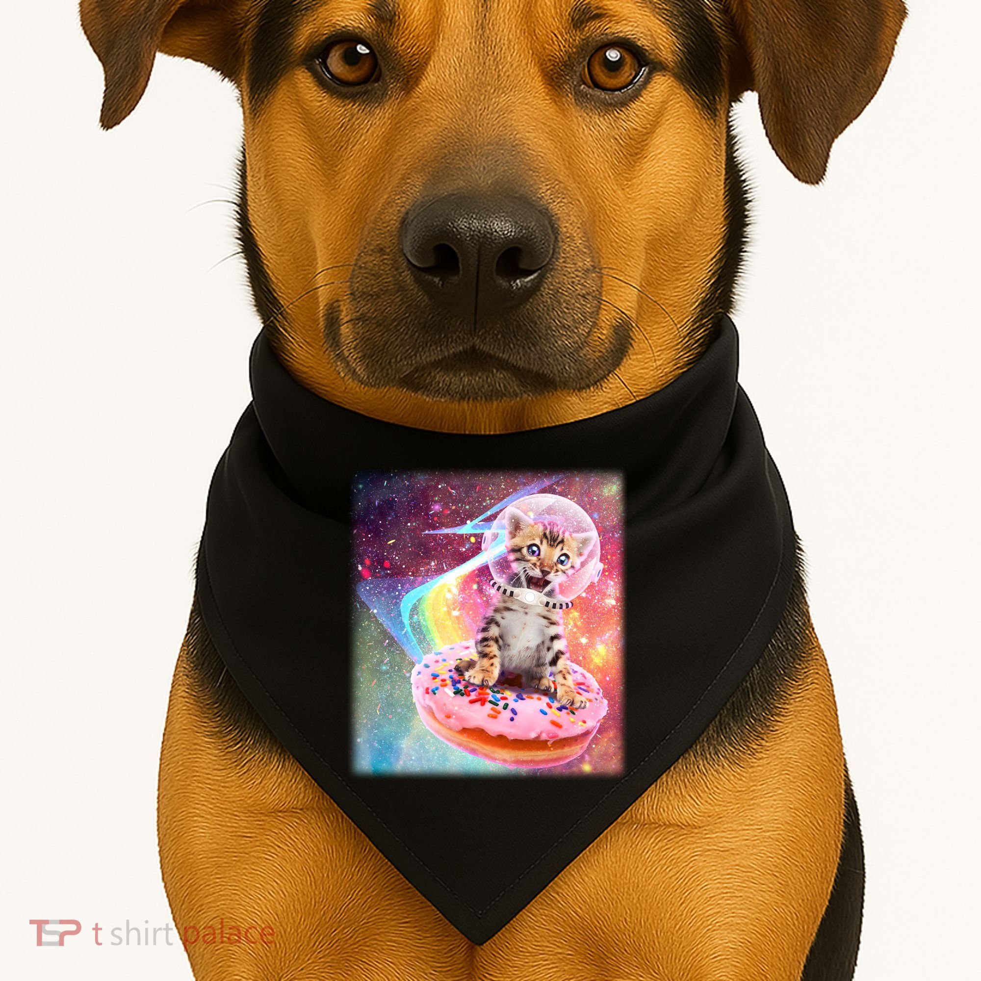 Funny Cute Astronaut Kitty On Rainbow Sprinkle Donut USA-Made Doggie Bandana