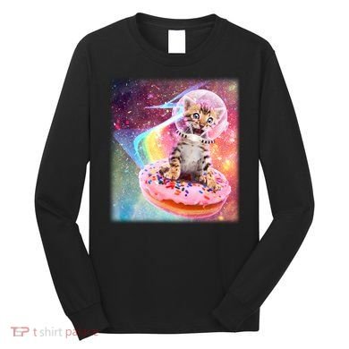 Funny Cute Astronaut Kitty On Rainbow Sprinkle Donut Long Sleeve Shirt