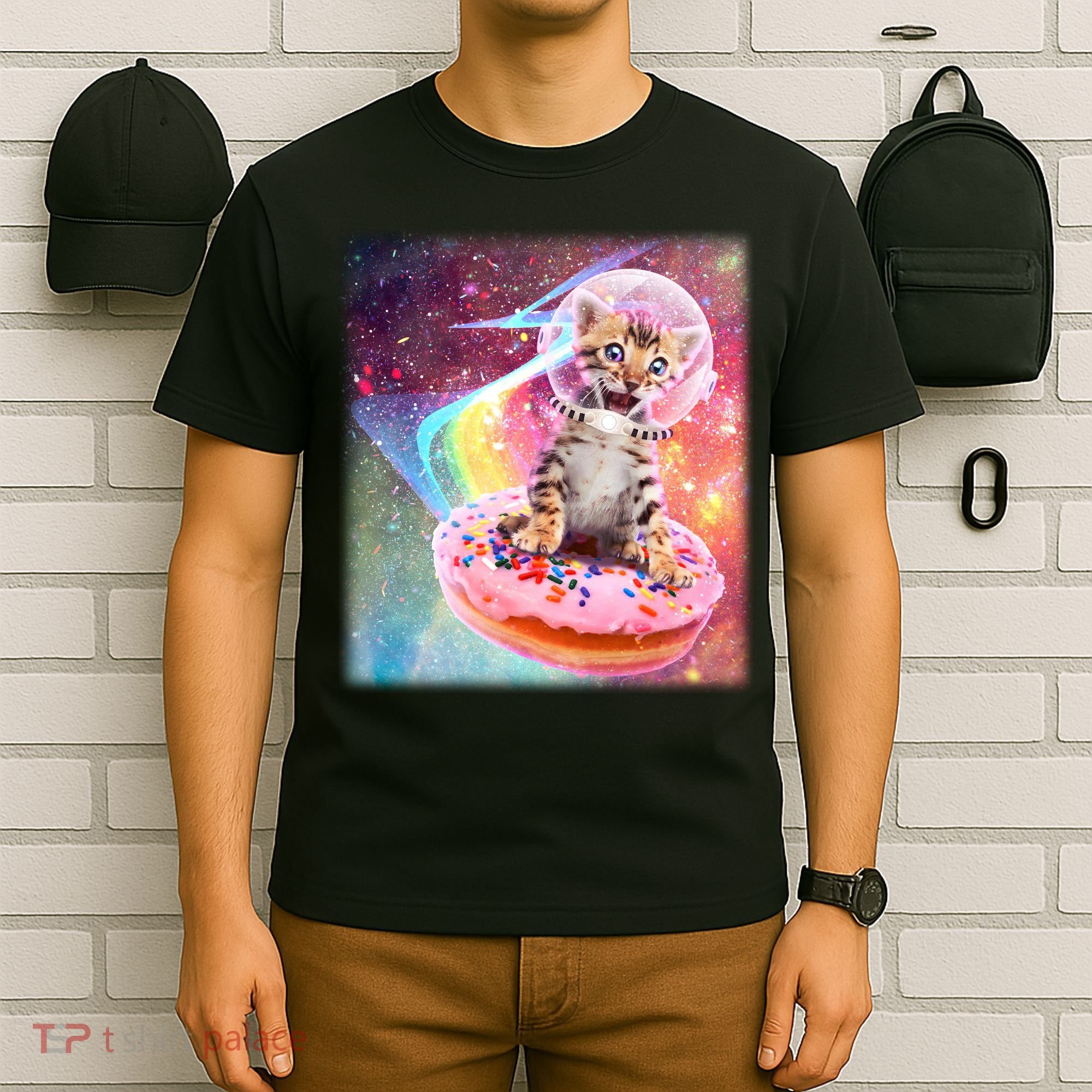 Funny Cute Astronaut Kitty On Rainbow Sprinkle Donut T-Shirt