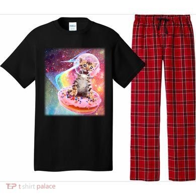 Funny Cute Astronaut Kitty On Rainbow Sprinkle Donut Pajama Set