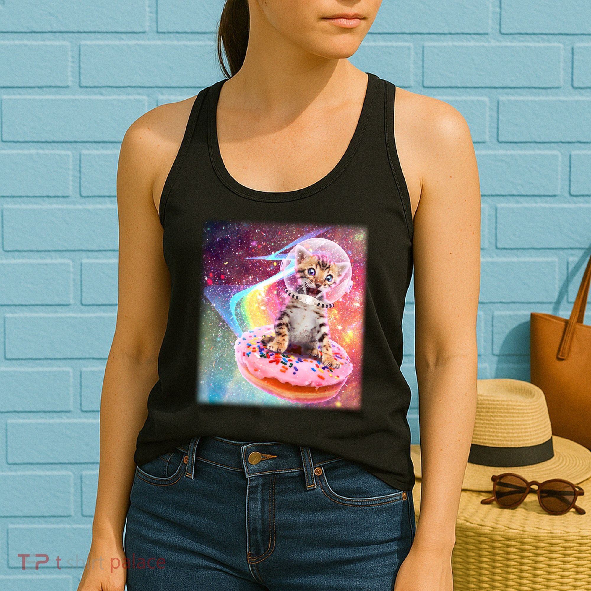 Funny Cute Astronaut Kitty On Rainbow Sprinkle Donut Women's Tank Top