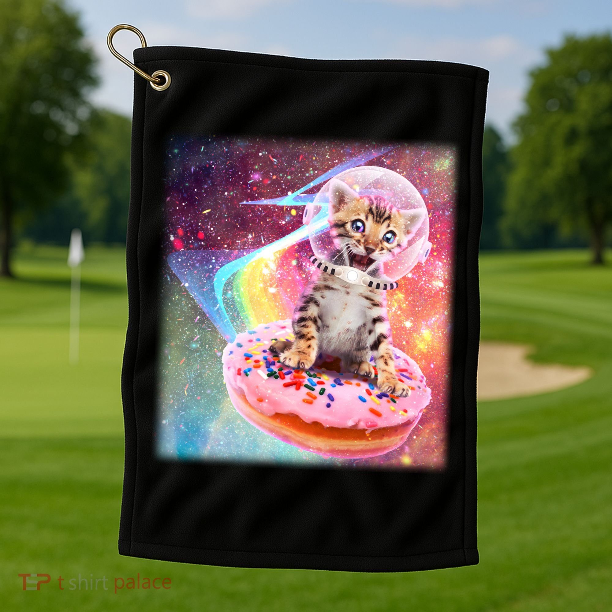 Funny Cute Astronaut Kitty On Rainbow Sprinkle Donut Golf Towel