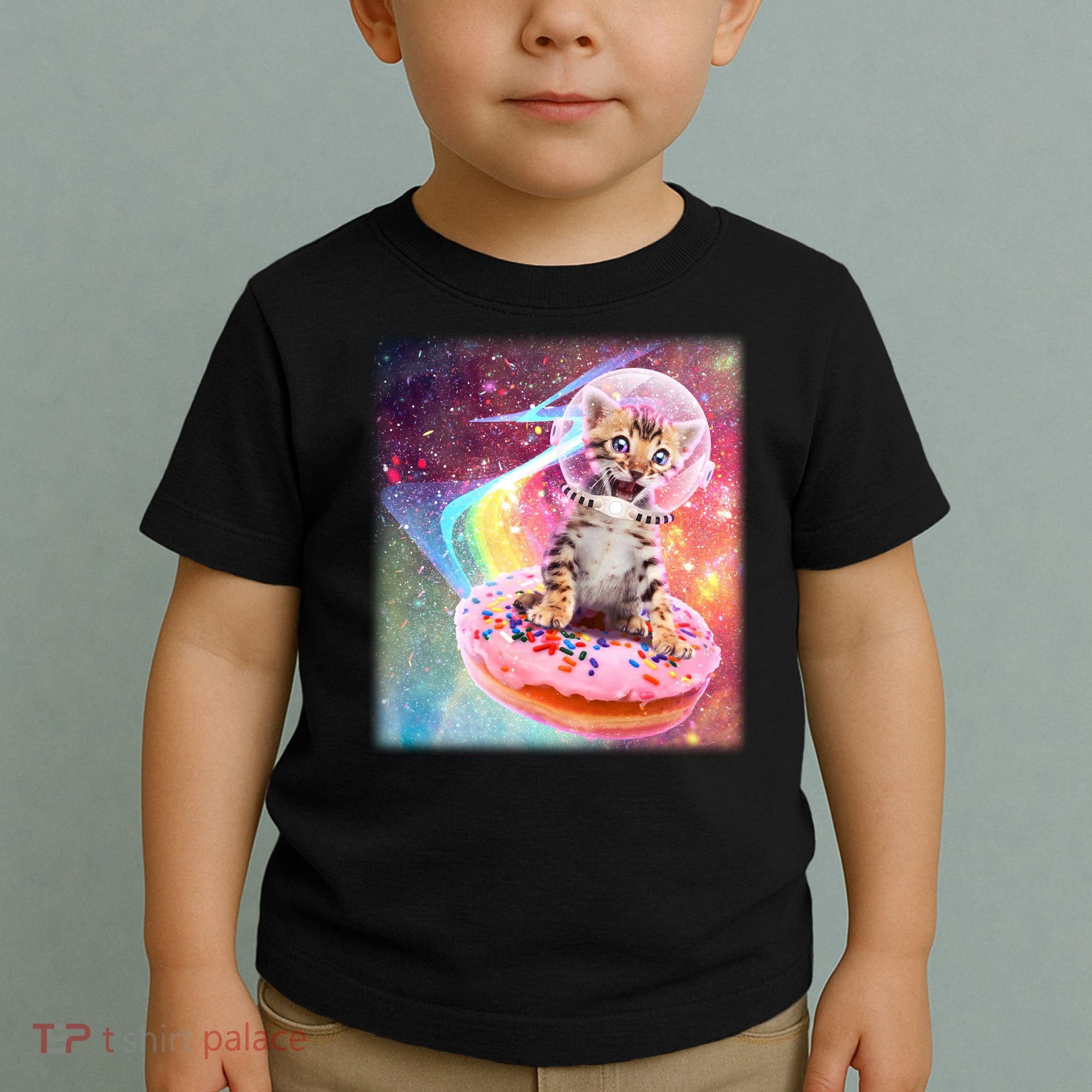 Funny Cute Astronaut Kitty On Rainbow Sprinkle Donut Toddler T-Shirt