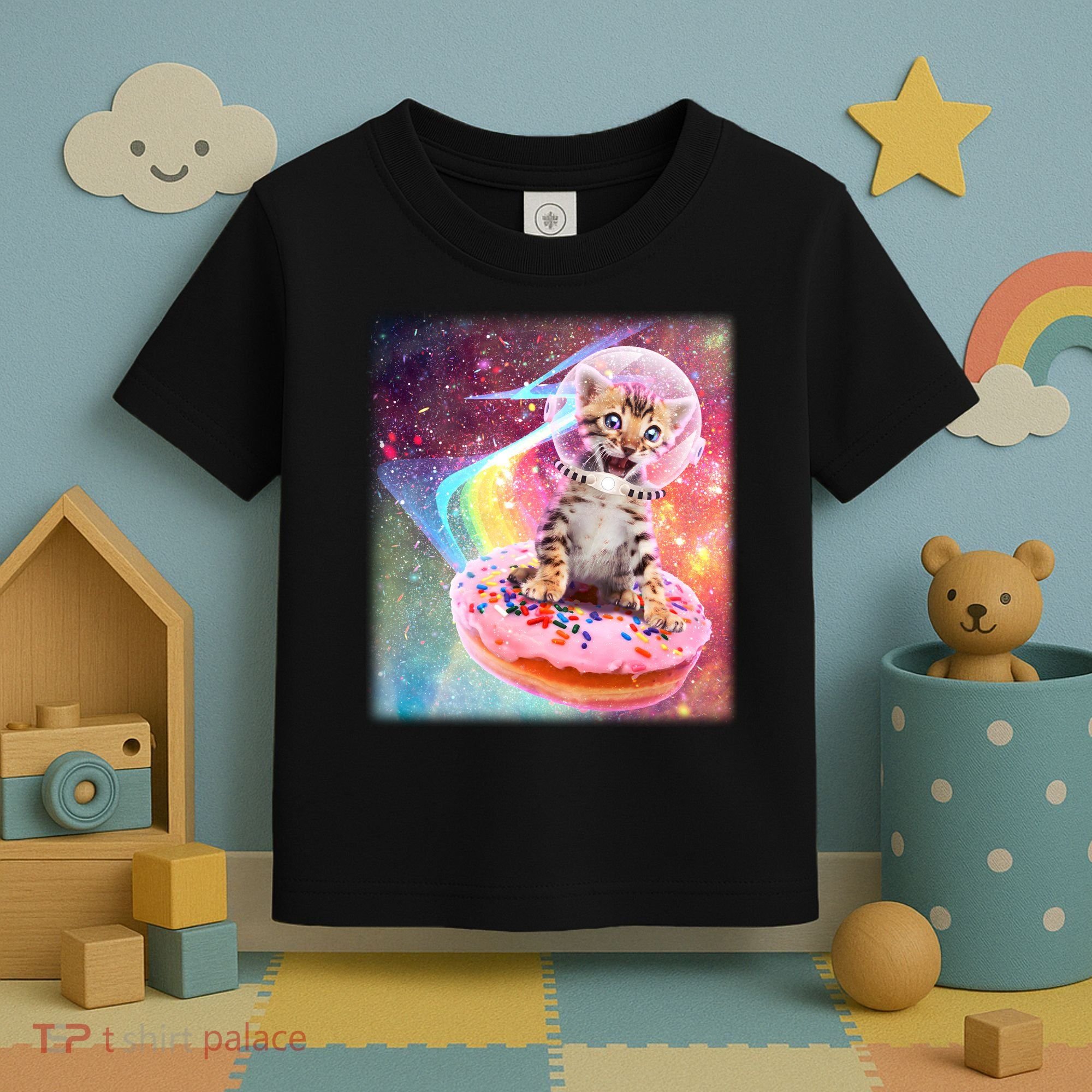 Funny Cute Astronaut Kitty On Rainbow Sprinkle Donut Toddler T-Shirt