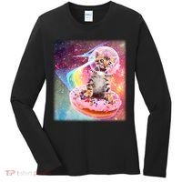 Funny Cute Astronaut Kitty On Rainbow Sprinkle Donut Women's Long Sleeve Shirt thumb 0
