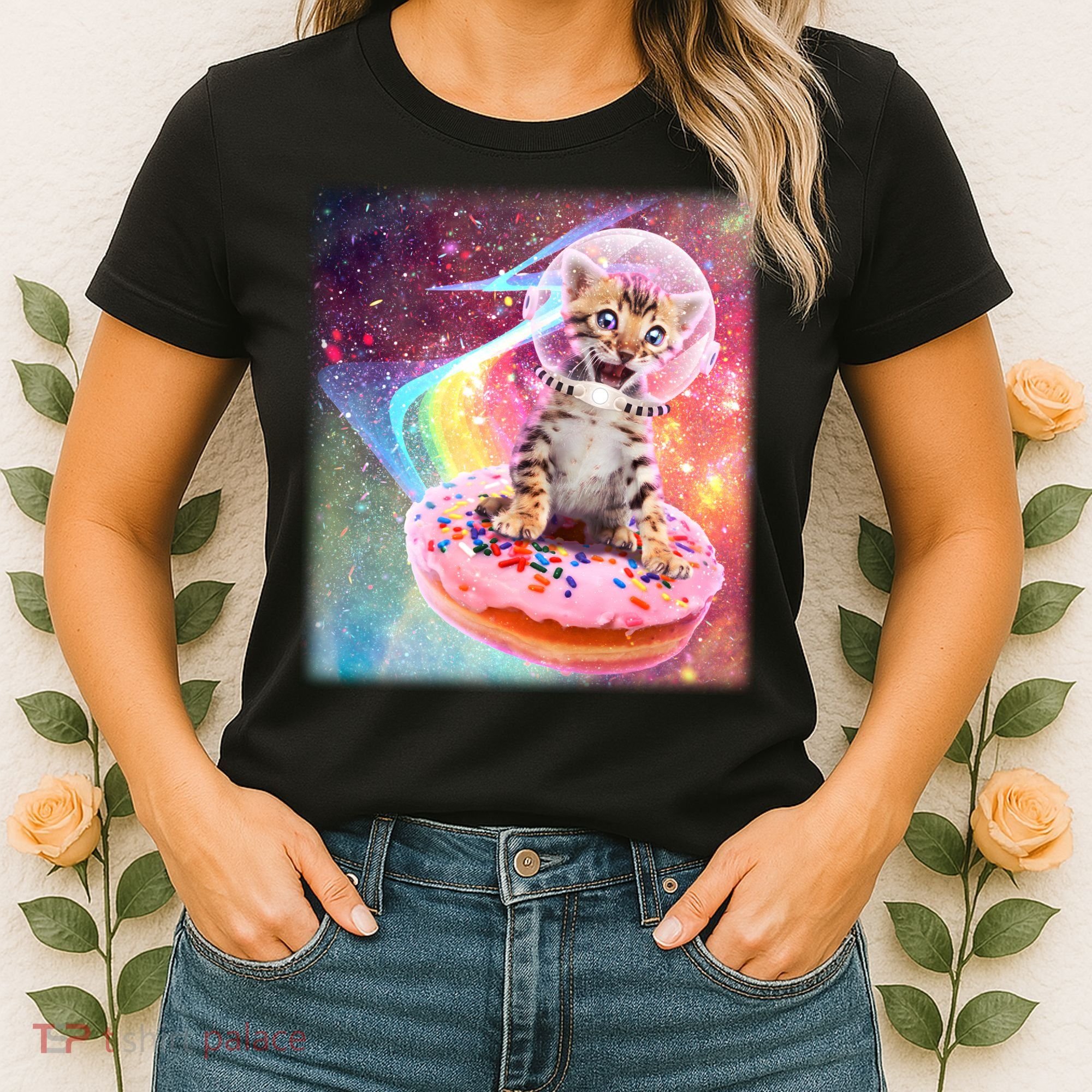 Funny Cute Astronaut Kitty On Rainbow Sprinkle Donut Women's T-Shirt