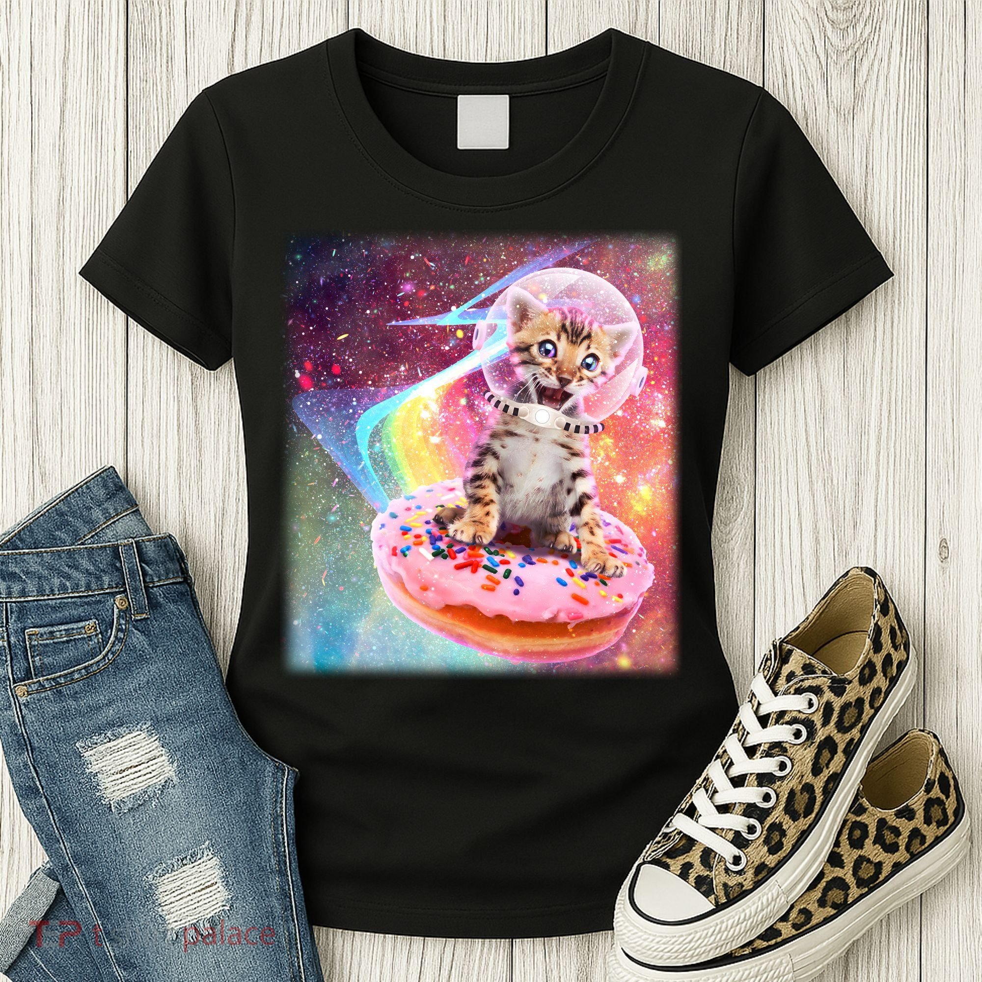 Funny Cute Astronaut Kitty On Rainbow Sprinkle Donut Women's T-Shirt