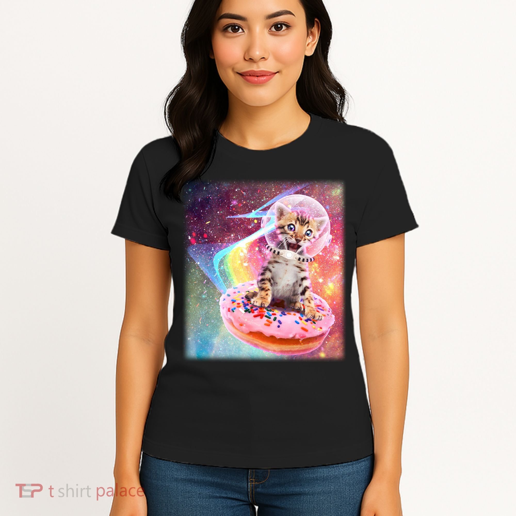 Funny Cute Astronaut Kitty On Rainbow Sprinkle Donut Women's T-Shirt
