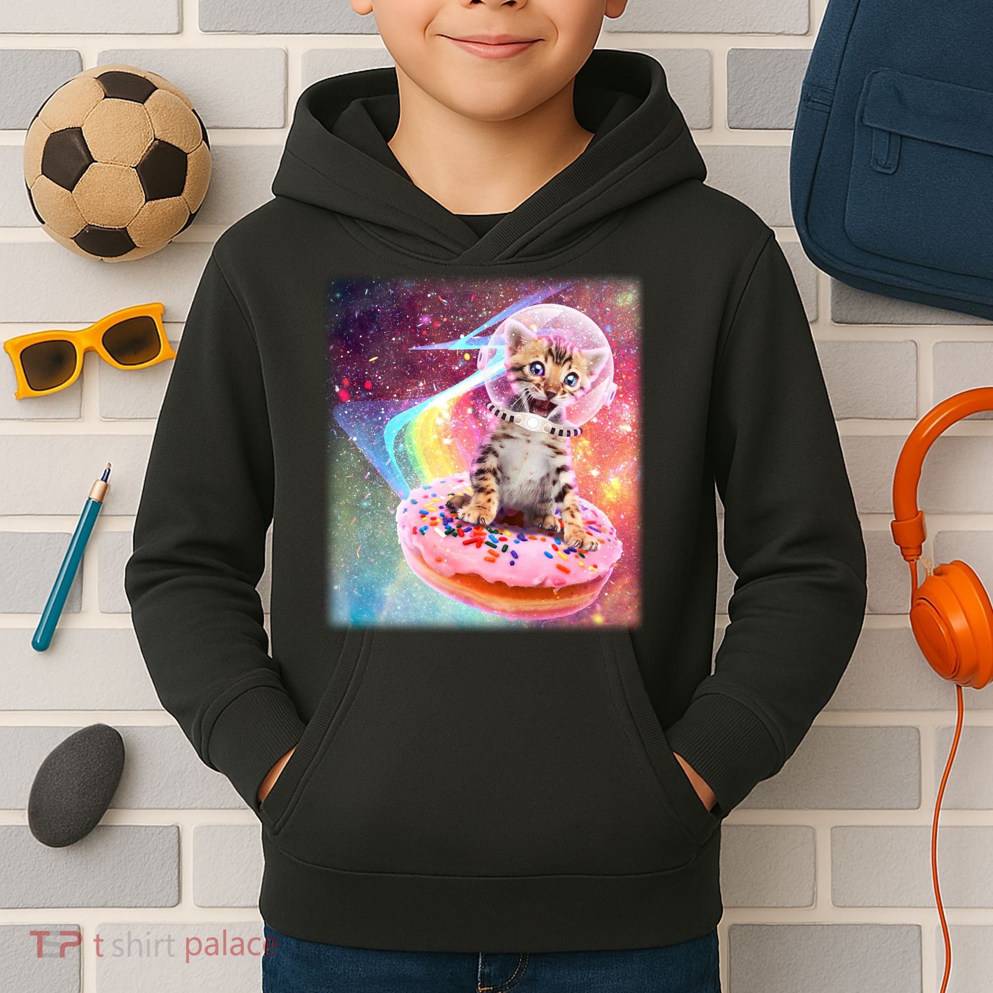 Funny Cute Astronaut Kitty On Rainbow Sprinkle Donut Kids Hoodie