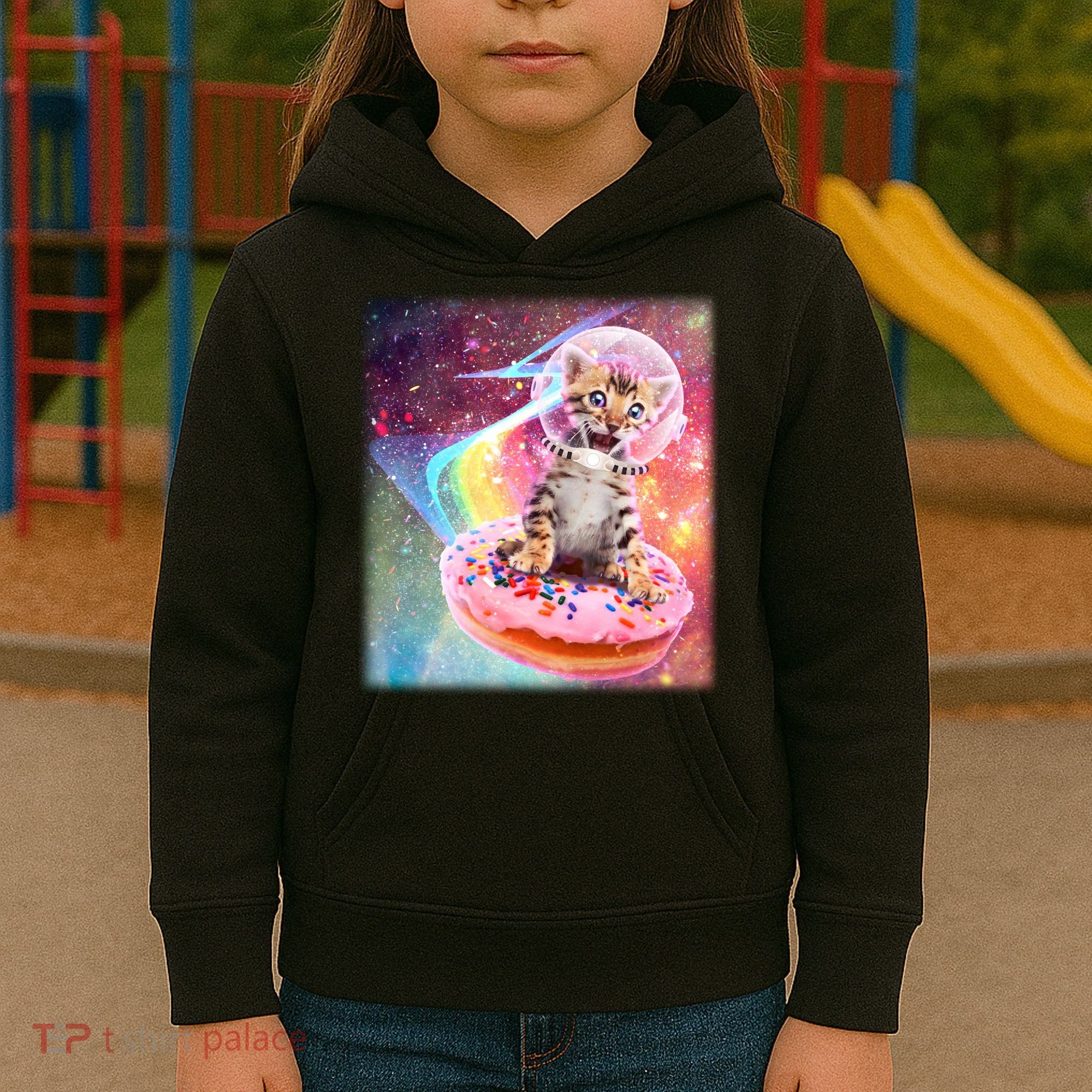 Funny Cute Astronaut Kitty On Rainbow Sprinkle Donut Kids Hoodie