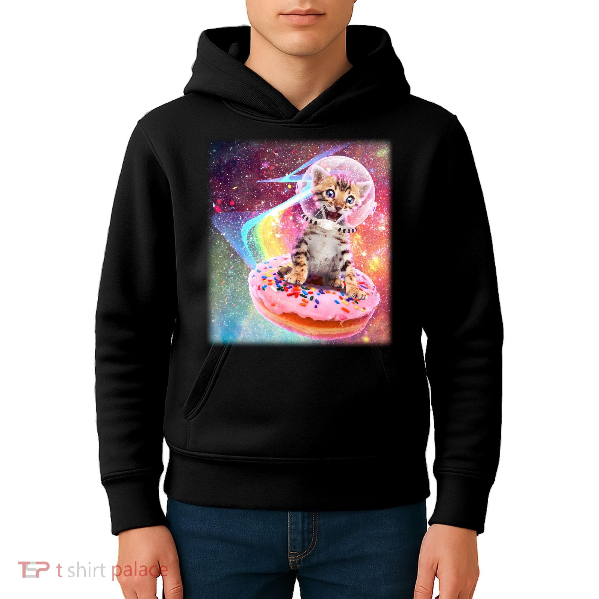 Funny Cute Astronaut Kitty On Rainbow Sprinkle Donut Kids Hoodie